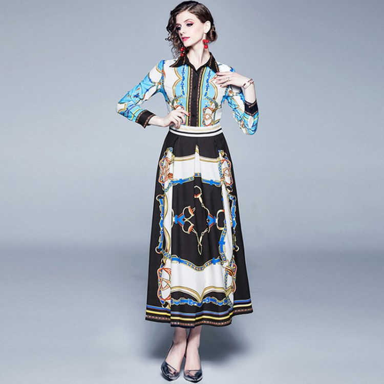 2019秋ebay爆款女裝 復(fù)古翻領(lǐng)長(zhǎng)袖大擺歐美印花裙 天天連衣裙