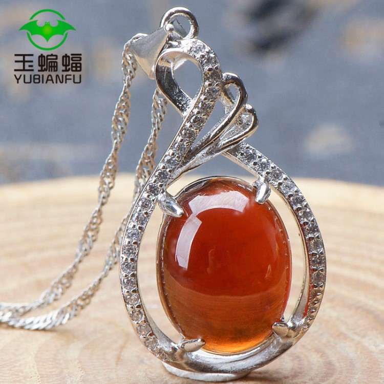 石榴石吊墜羽翼型銀托時尚魅力女款成品玉石掛鏈禮品工藝品