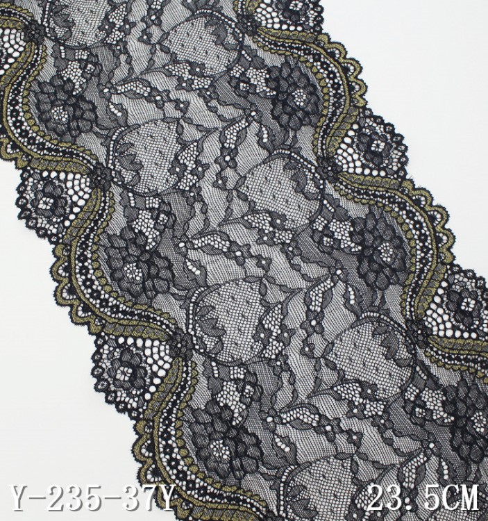 廠家現(xiàn)貨供應(yīng)23.5cm寬黑色配金線彈力蕾絲 lace fabric 波浪花邊