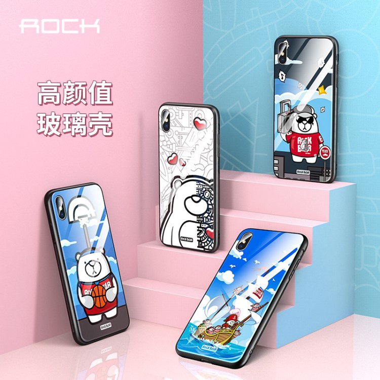 ROCK 蘋果XSmax萌寵手機殼 iPhone XR玻璃保護套 童趣萌熊防摔套