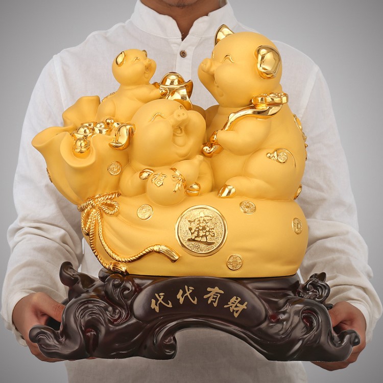 三口之家金豬招財擺件生肖豬家居客廳酒柜擺設新年吉祥物工藝禮品