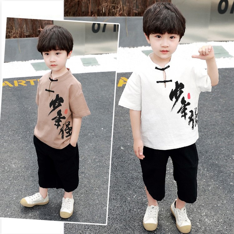 2019夏季男童棉麻漢服套裝民族風(fēng)新款中小童短袖少年強(qiáng)唐裝兩件套