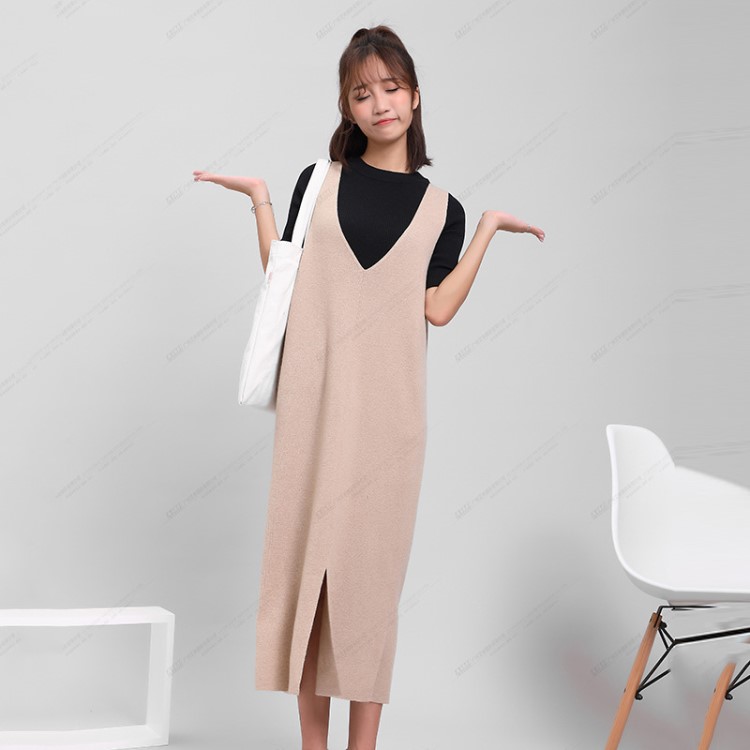 色針織連衣裙韓版秋裝女2019新款兩側(cè)開叉顯瘦吊帶裙一件代發(fā)