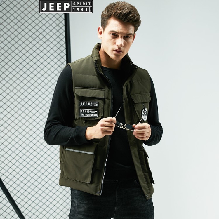 JEEP/吉普男士羽絨服馬甲立領(lǐng)多袋寬松大碼男裝休閑加厚羽絨坎肩