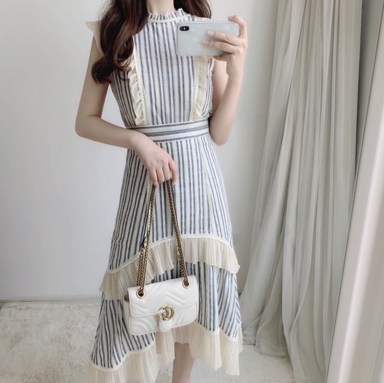 【黛珊】2019蕾絲荷葉邊無袖襯衫高腰不規則半裙夏季套裝女裝時尚