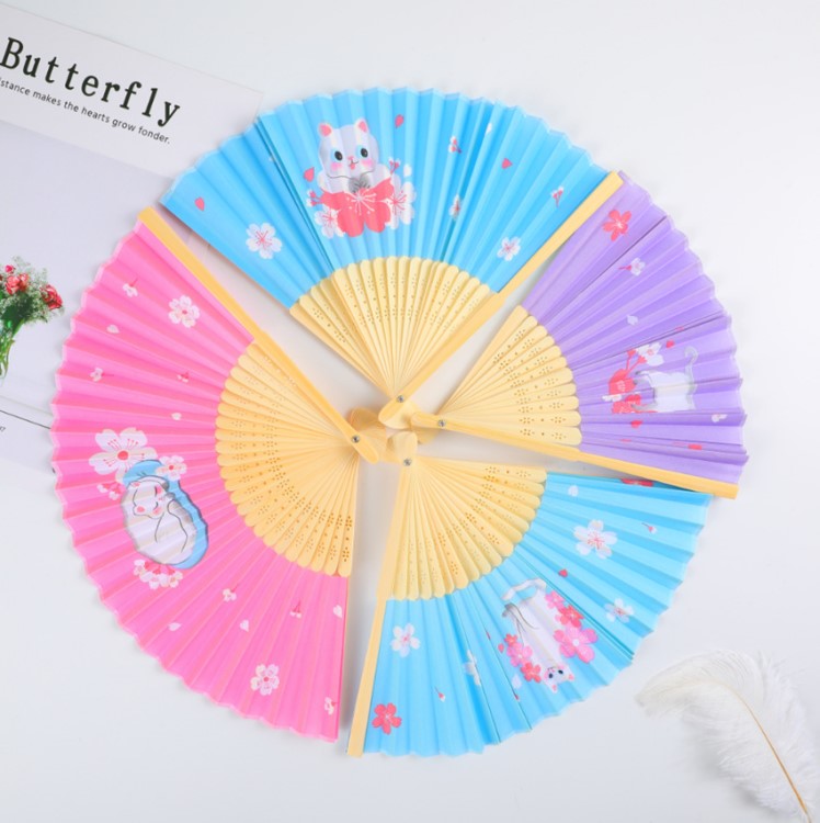 新款創意批發 櫻花貓布面竹扇 夏天的西瓜布面折扇 夏季用品扇子