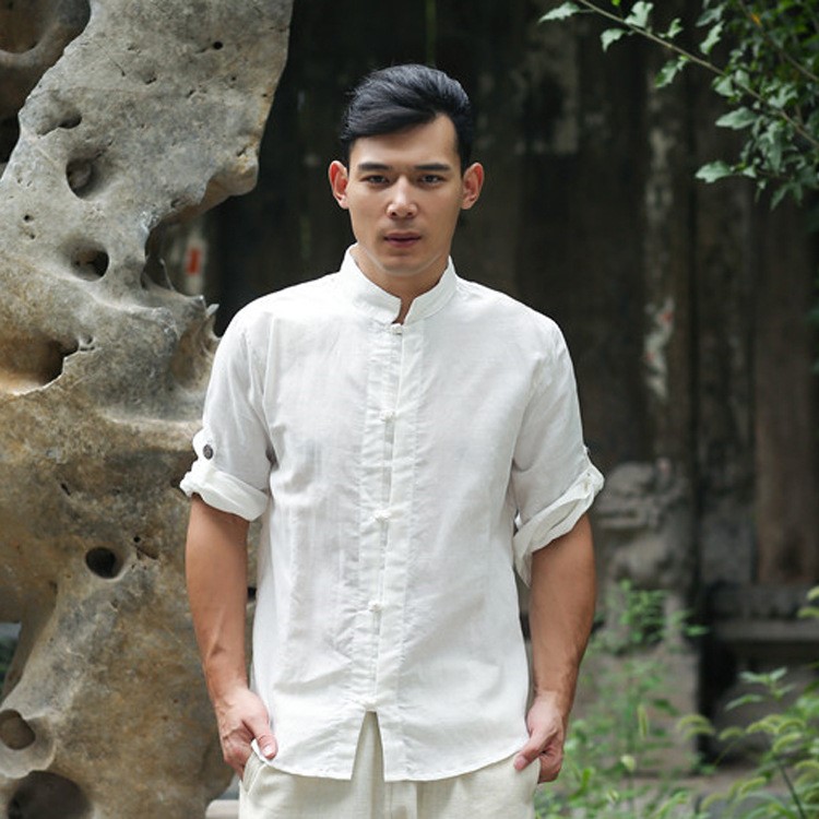 2019新款男士秋裝色亞麻上衣 民族風布扣休閑簡約長袖襯衫