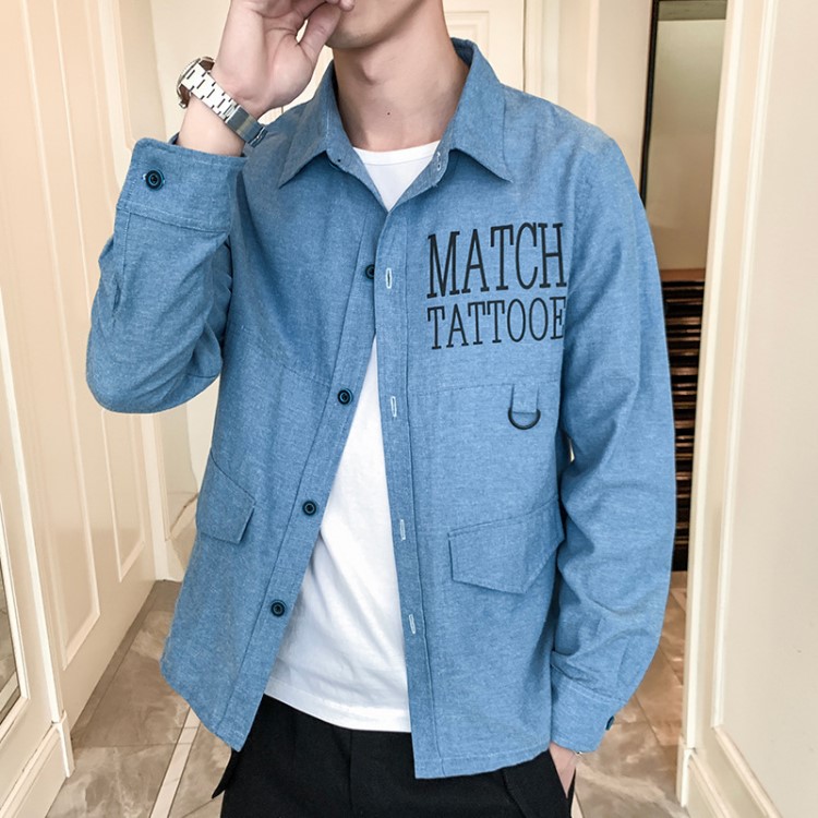 批發2019新款男士長袖襯衫外套韓版青少年潮牌工裝襯衣男修身襯衫