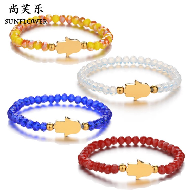 彩色水晶手鏈 ins流行簡約手掌法蒂瑪之手DIY串珠手鏈 歐美飾品