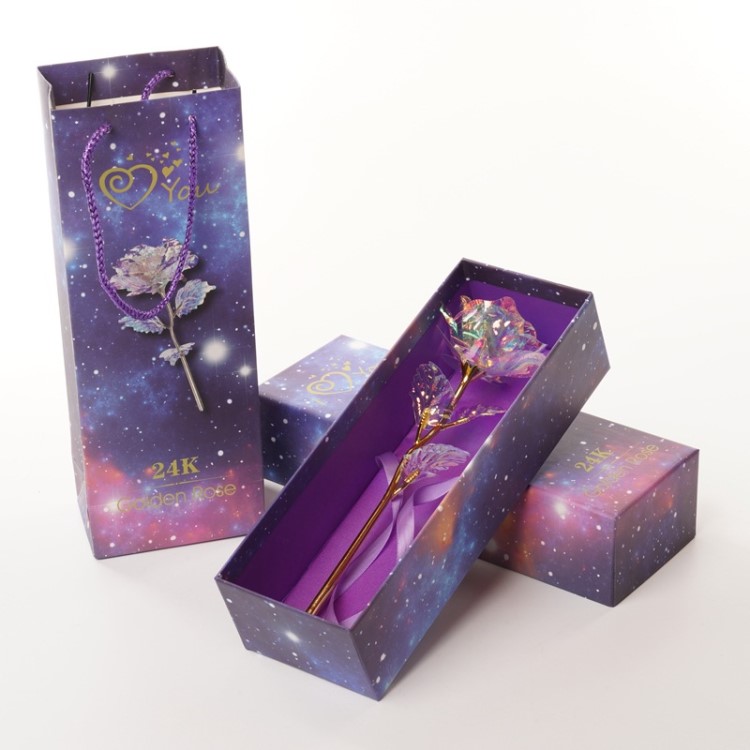 彩金玫瑰花 24k發(fā)光星空水晶玫瑰金邊金箔玫瑰情人節(jié)七夕禮盒