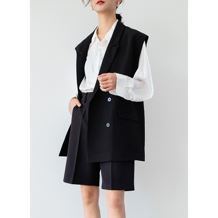 2019秋季新款韓版寬松百搭女士馬甲西裝領雙排扣排扣背心外套5698