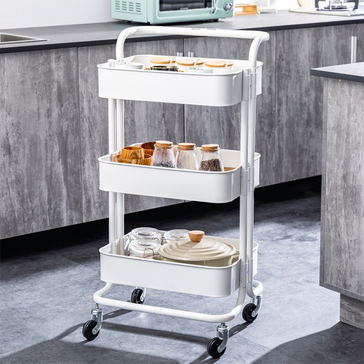 鐵藝置物架拉斯克三層帶輪收納架廚房客廳浴室衛生間落地小手推車