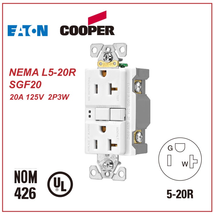 COOPER帶自測(cè)功能防漏電保護(hù)插座，GFCI美規(guī)雙聯(lián)插座NEMA5-20R