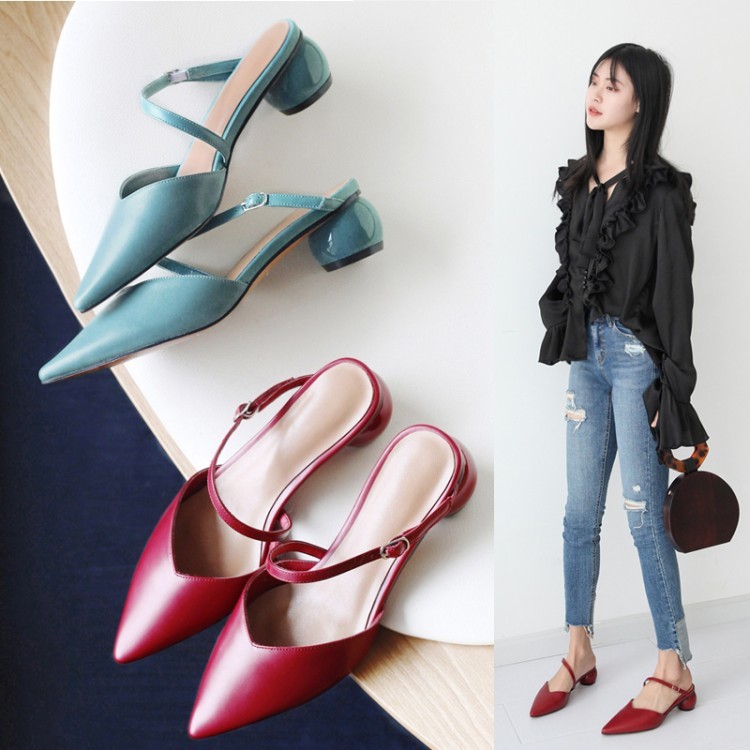 2019春夏真皮圓跟尖頭穆勒鞋中跟粗跟涼鞋仙女鞋包頭外穿半拖鞋女