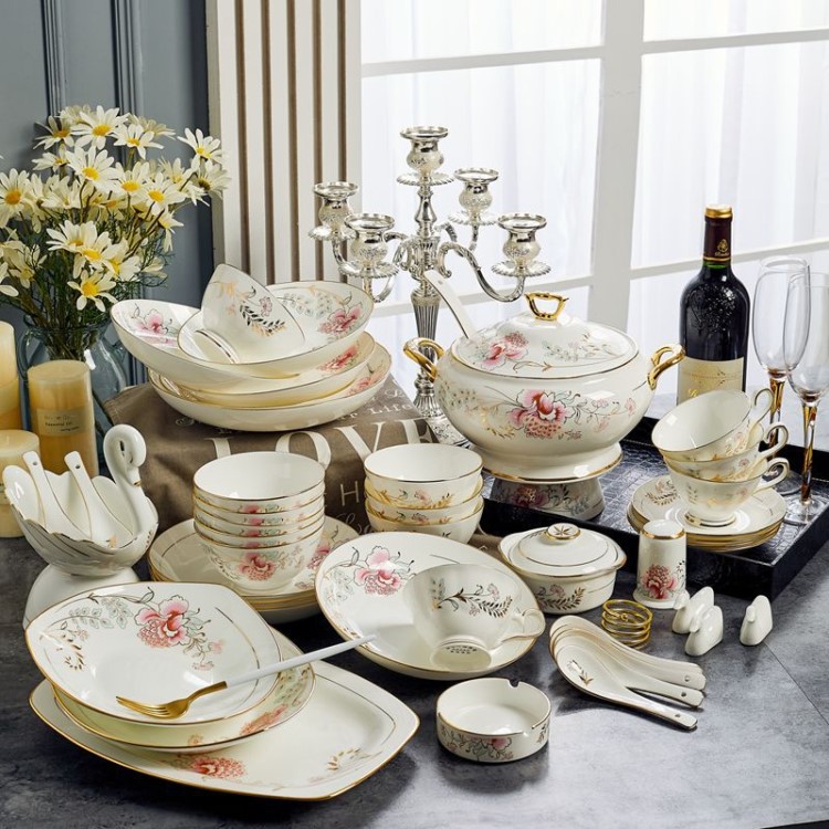 餐具套裝批發(fā)景德鎮(zhèn)陶瓷餐具70頭奢華粉紅佳人歐式餐具碗碟套裝定