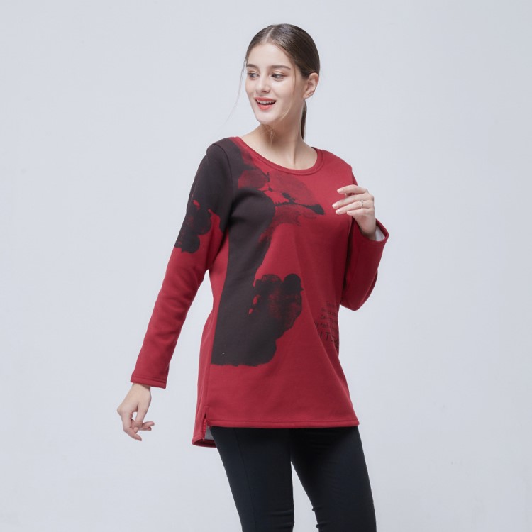 清倉春裝時尚休閑大碼女裝圓領修身中長款印花加絨長袖衛衣JR414