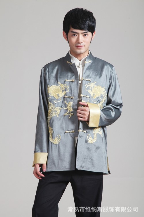 刺繡金雙龍翻袖唐裝男士長袖外套2283-4春秋冬男裝休閑立領男上衣