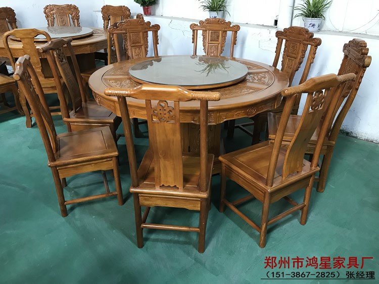 廠家酒店家具電動(dòng)餐桌椅圓桌長(zhǎng)條桌仿古榆木橡膠木包間餐桌椅