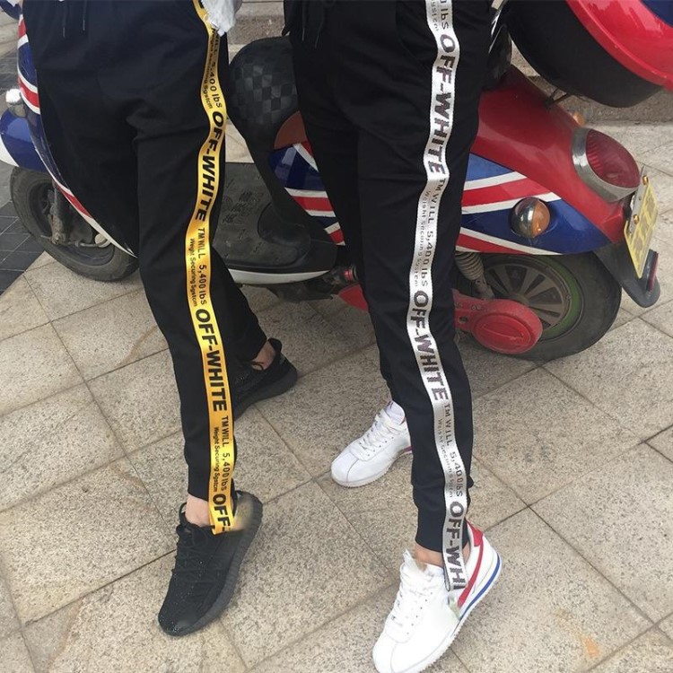 【S-3XL】量時尚織帶字母貼條男女情侶針織收腳休閑褲 3587