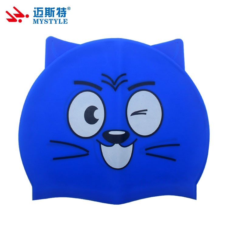 廠家大量生產(chǎn)兒童卡通帽 卡通貓形硅膠游泳帽 不勒頭 現(xiàn)貨批