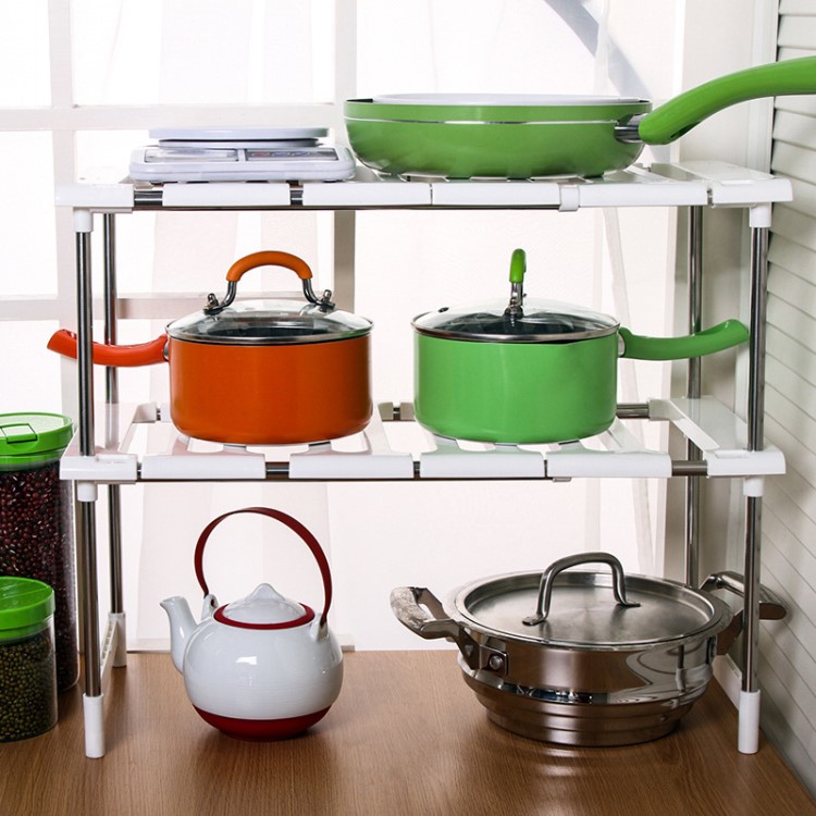 廚房下水槽置物架可伸縮不銹鋼管落地式櫥柜收納整理雙層儲物架子