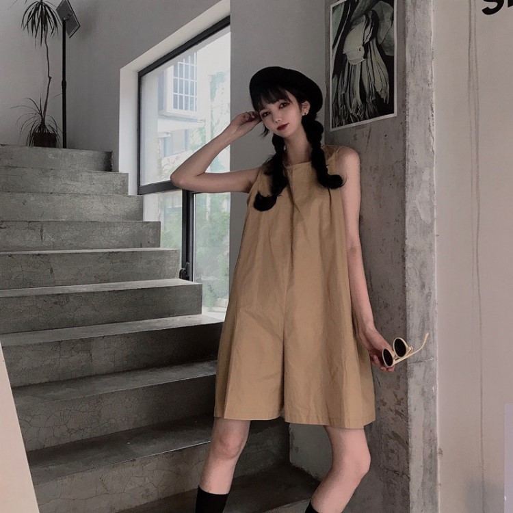 KEMAI實拍38 韓版寬松復古五分闊腿褲女 色休閑顯瘦工裝連體褲