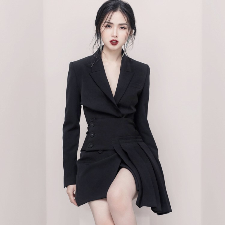 2019春秋新款chic網紅俏皮西裝外套套裝女裝黑色時尚休閑兩件套