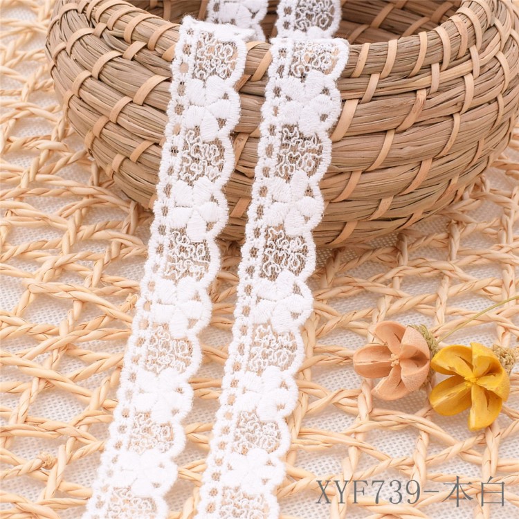 2018新款XYF739本白色棉線網(wǎng)布刺繡蕾絲花邊 2cm全棉電腦繡花條碼