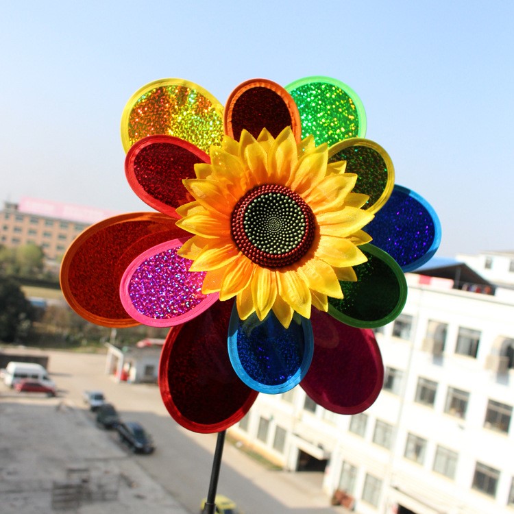 雙層鐳射太陽花風(fēng)車雙面閃光向日葵亮片七彩閃光太陽花大風(fēng)車批發(fā)