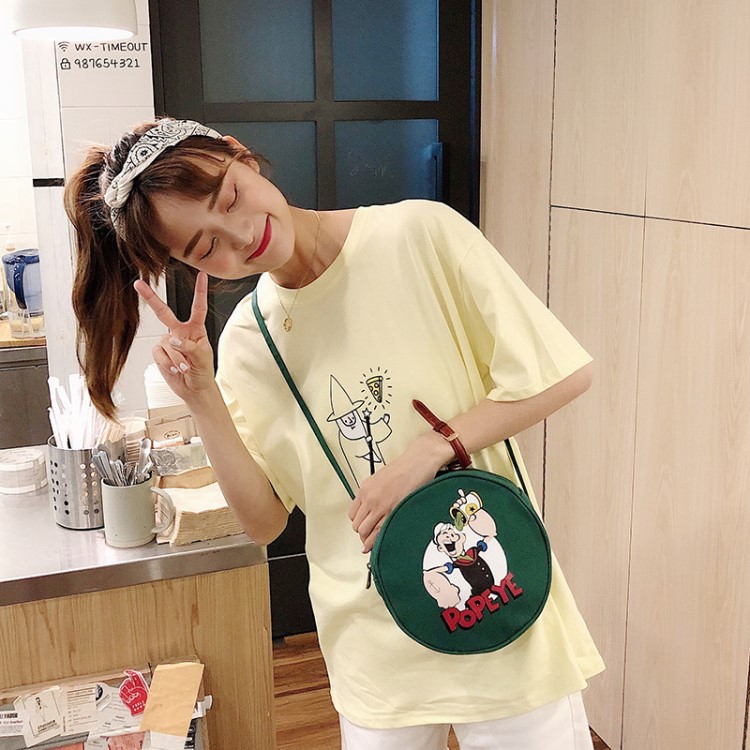 A314 卡通印花帆布包單肩小圓包流浪包女斜挎百搭批發(fā)學(xué)生手機(jī)包