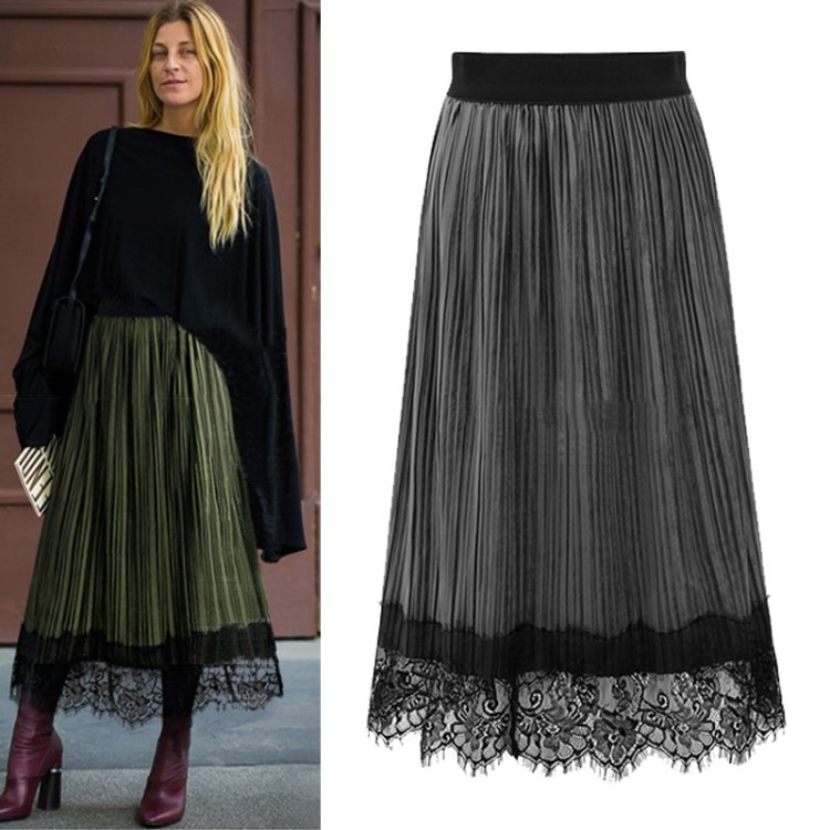 春裝新款女裝名媛氣質(zhì)蕾絲花邊裙金絲絨百褶裙女式半身裙JR3348