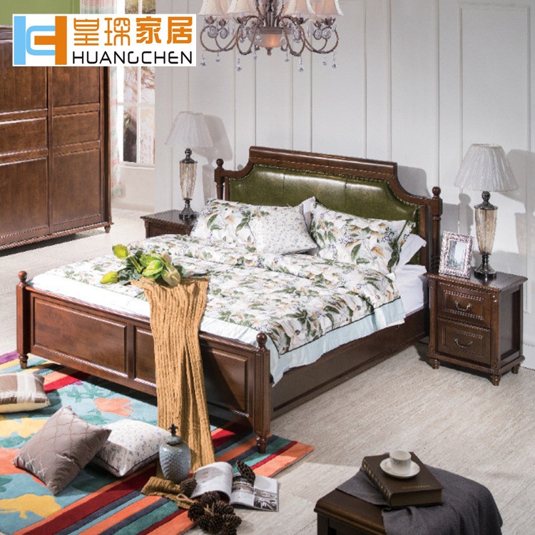 皇琛家具 美式床簡美真皮全實木桃花心木臥室實木床佛山工廠批發