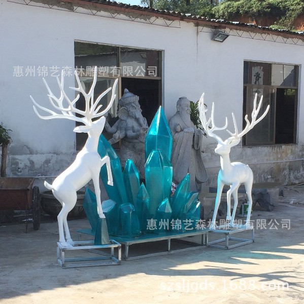 定制鹿玻璃鋼雕塑 藍色透明水晶柱雕塑擺件 大型景觀玻璃鋼雕塑