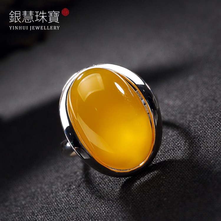 壹鹿銀 S925銀天然黃玉髓瑪瑙簡約時尚歐美款開口女士戒指批發(fā)