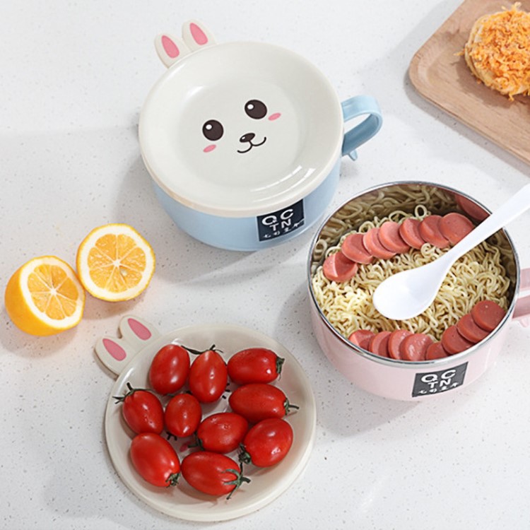 工廠批發 不銹鋼雙層防燙泡面碗 可愛小兔帶蓋帶勺子方便面碗套裝