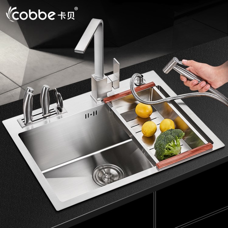 卡贝手工水槽304不锈钢手工盆洗碗池厨房水池淘菜洗菜盆加厚单槽