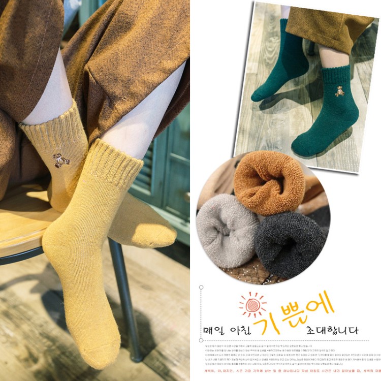 2018秋冬新品 日系色加厚刺繡小熊 女士冬季保暖襪子批發 女襪