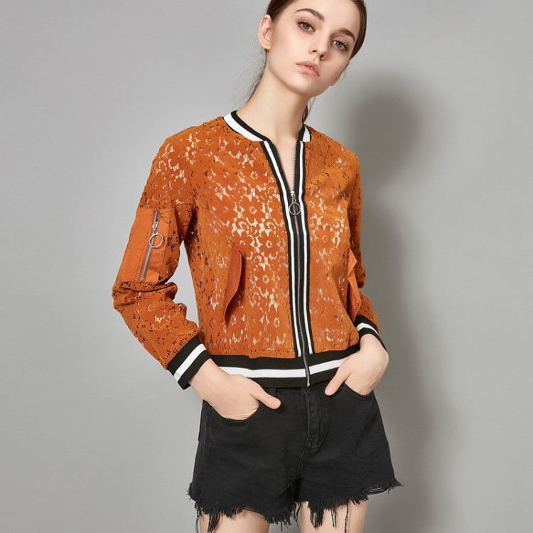 2019秋季新款品牌女裝蕾絲鏤空拉鏈棒球服女時尚休閑長袖女式開衫