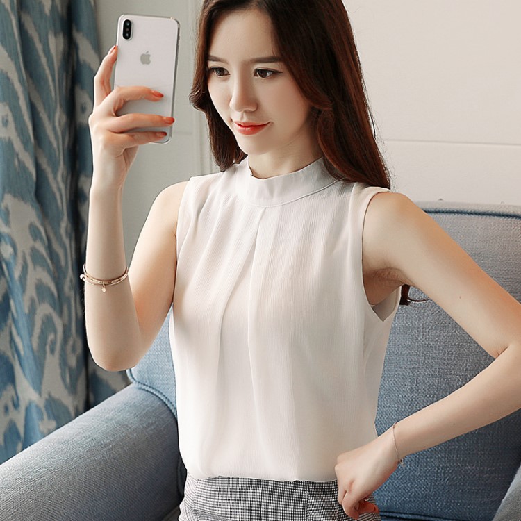 無袖背心2019夏季新款女裝打底上衣外穿修身立領雪紡衫洋氣小襯衣