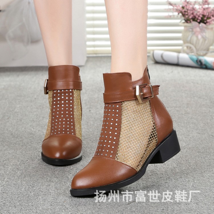 2017夏季新款防水臺女式馬丁靴頭層牛皮中筒鑲鉆網布涼靴新款短靴