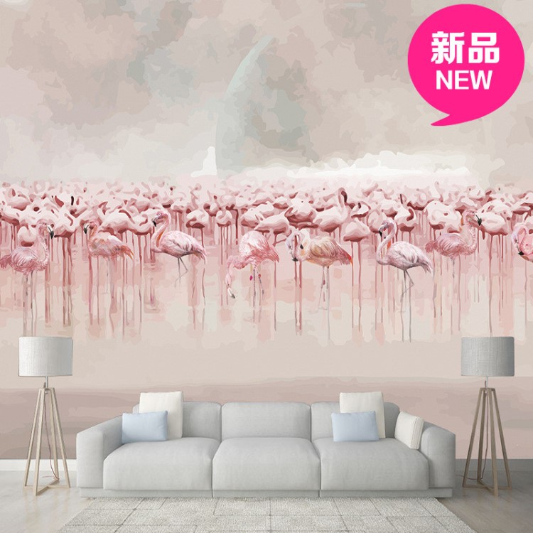 現(xiàn)代北歐客廳壁紙服裝店墻紙油畫火烈鳥大型定制壁畫電視背景墻布