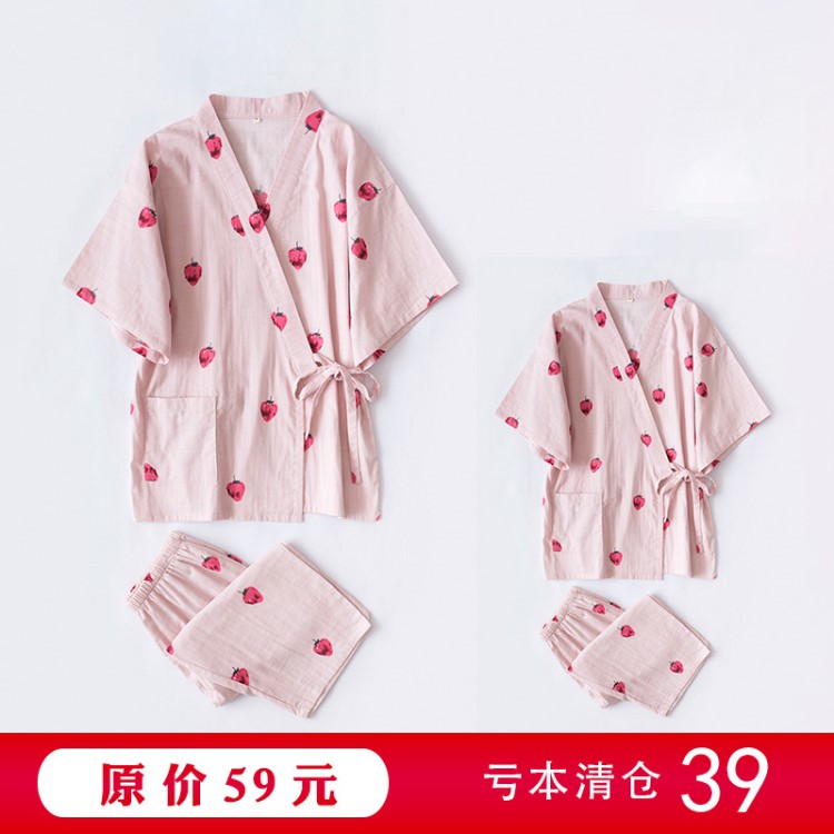 果實(shí)39-兒童草莓日式睡衣女童夏季短袖和服親子套裝棉紗布