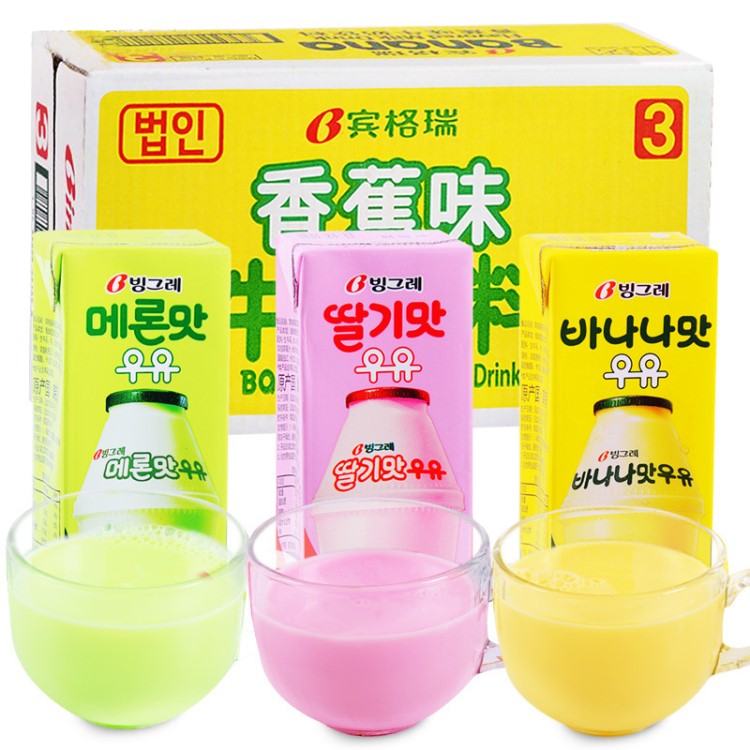 韓國食品賓格瑞含乳飲料香蕉哈密瓜草莓咖啡味牛奶200ml*24盒