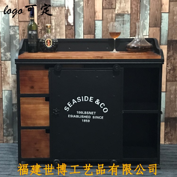 loft工業(yè)風復古實木鐵藝餐邊柜做舊酒吧餐廳酒柜碗柜茶水柜備餐柜