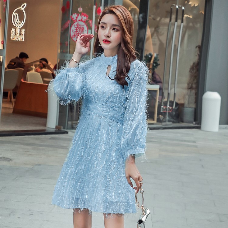 2019春裝新款燈籠袖羽毛流蘇法式茶歇連衣裙女名媛宴會洋裝小禮服