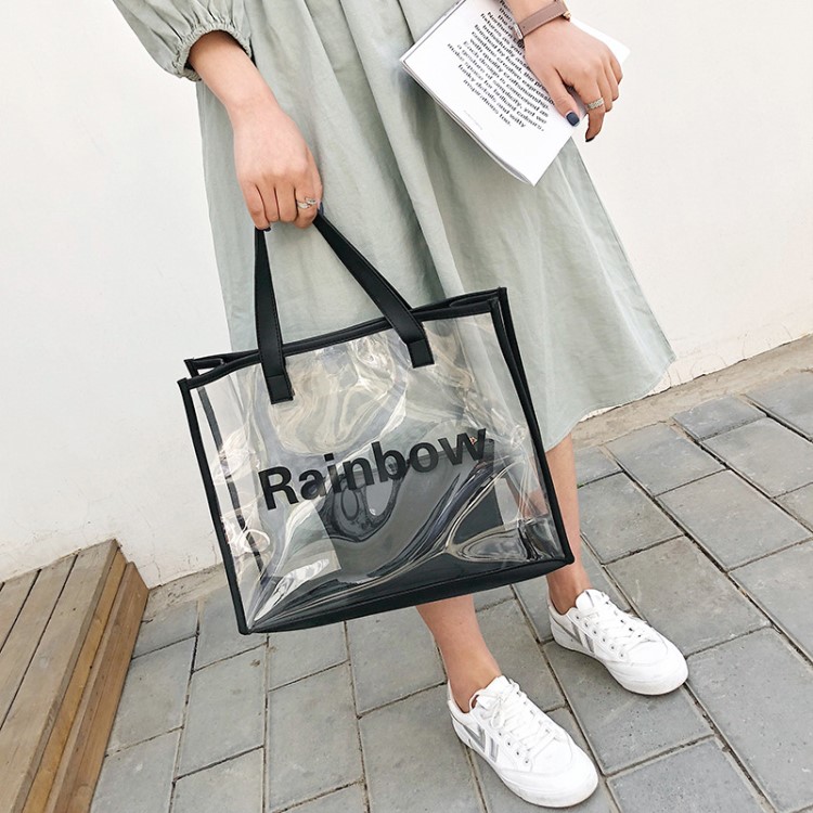 包包女2019上新款果凍半透明托特包ins字母大容量手提單肩包定制