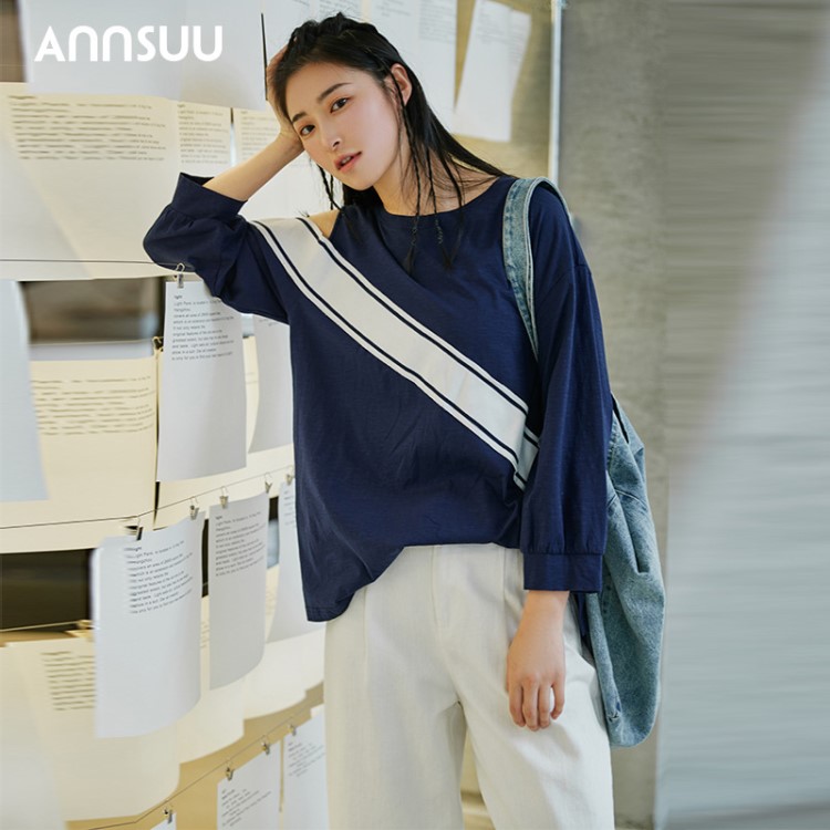 ANNSUU原創(chuàng) 2019春款小香風(fēng)露肩衛(wèi)衣寬松長(zhǎng)袖短款上衣女91506