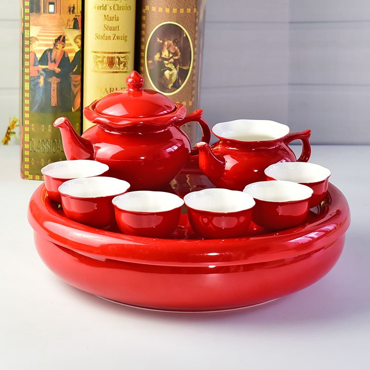 唐山骨質瓷紅釉茶具套裝 定制禮品茶壺茶杯茶盤 加彩釉金邊logo