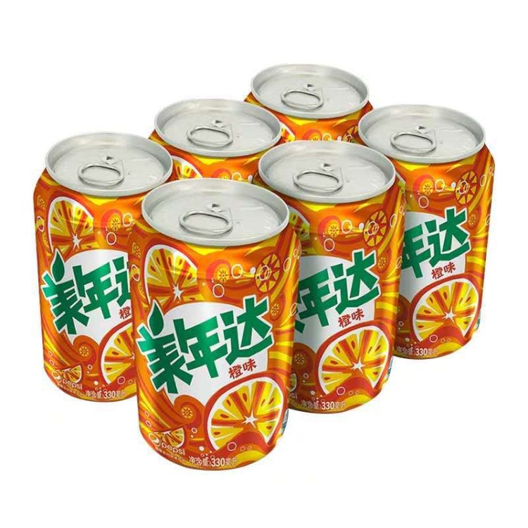 现货批发美年达橙味碳酸饮料汽水330ml*24听易拉罐装整箱