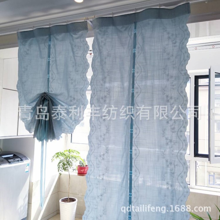 藍色花海竹節布飄窗提拉窗簾 升降氣球簾門簾 窗紗廠家 一件代發